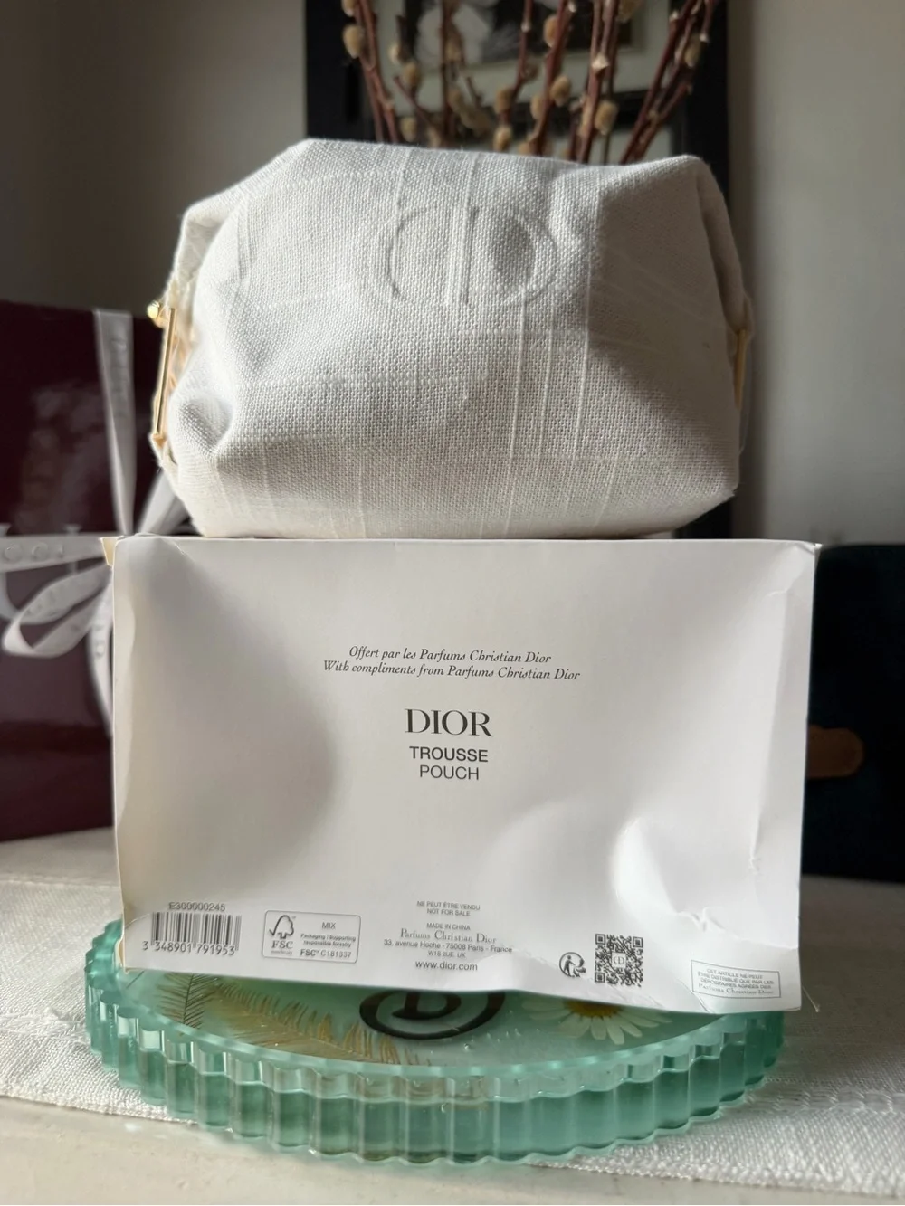 Dior Off-White Embossed Canvas Pouch with Gold Accents